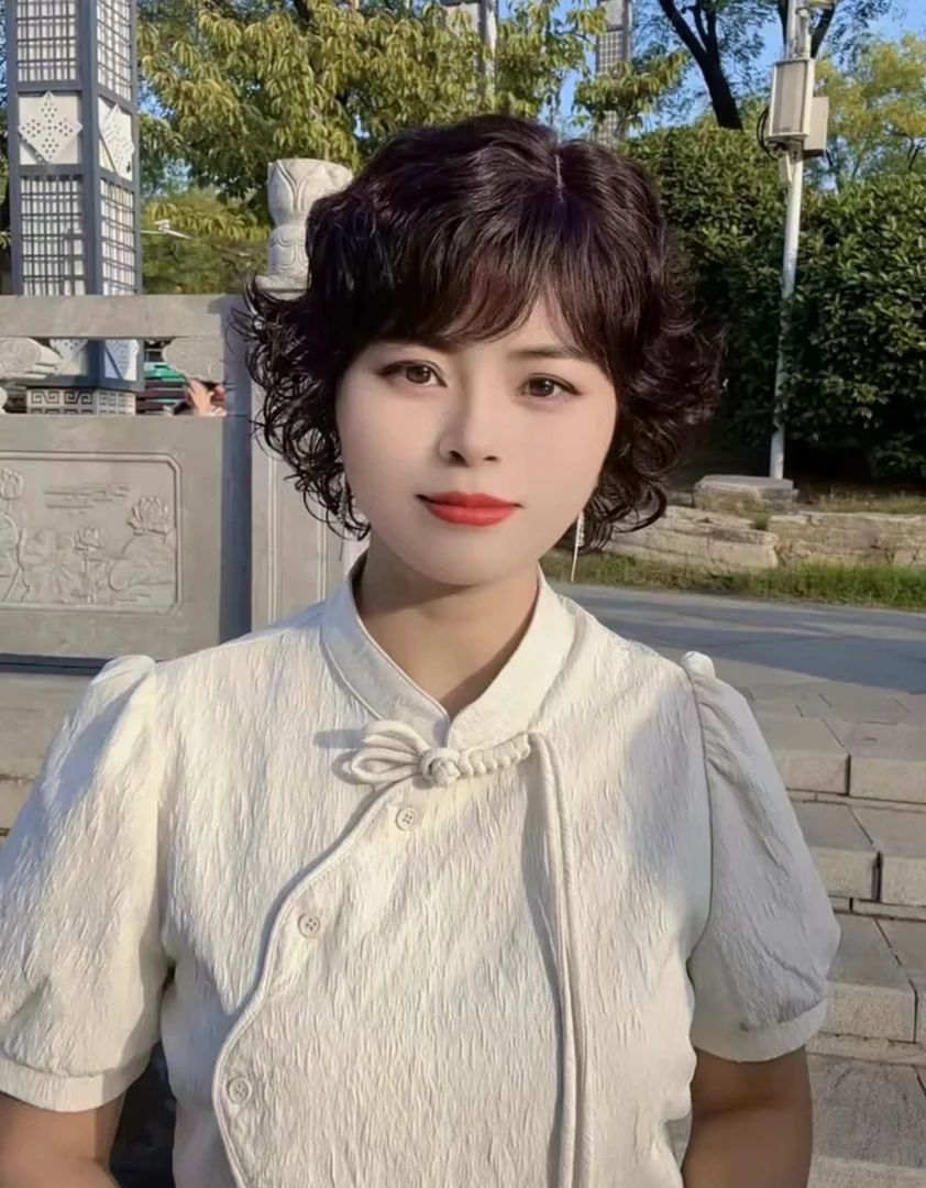 【时尚梨花烫】全真人发丝中老年短卷发轻薄透气全头套妈妈短发