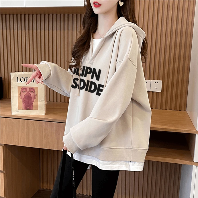 重工欧货大版假两件拼接连帽卫衣女2024秋冬新款宽松中长款上衣服