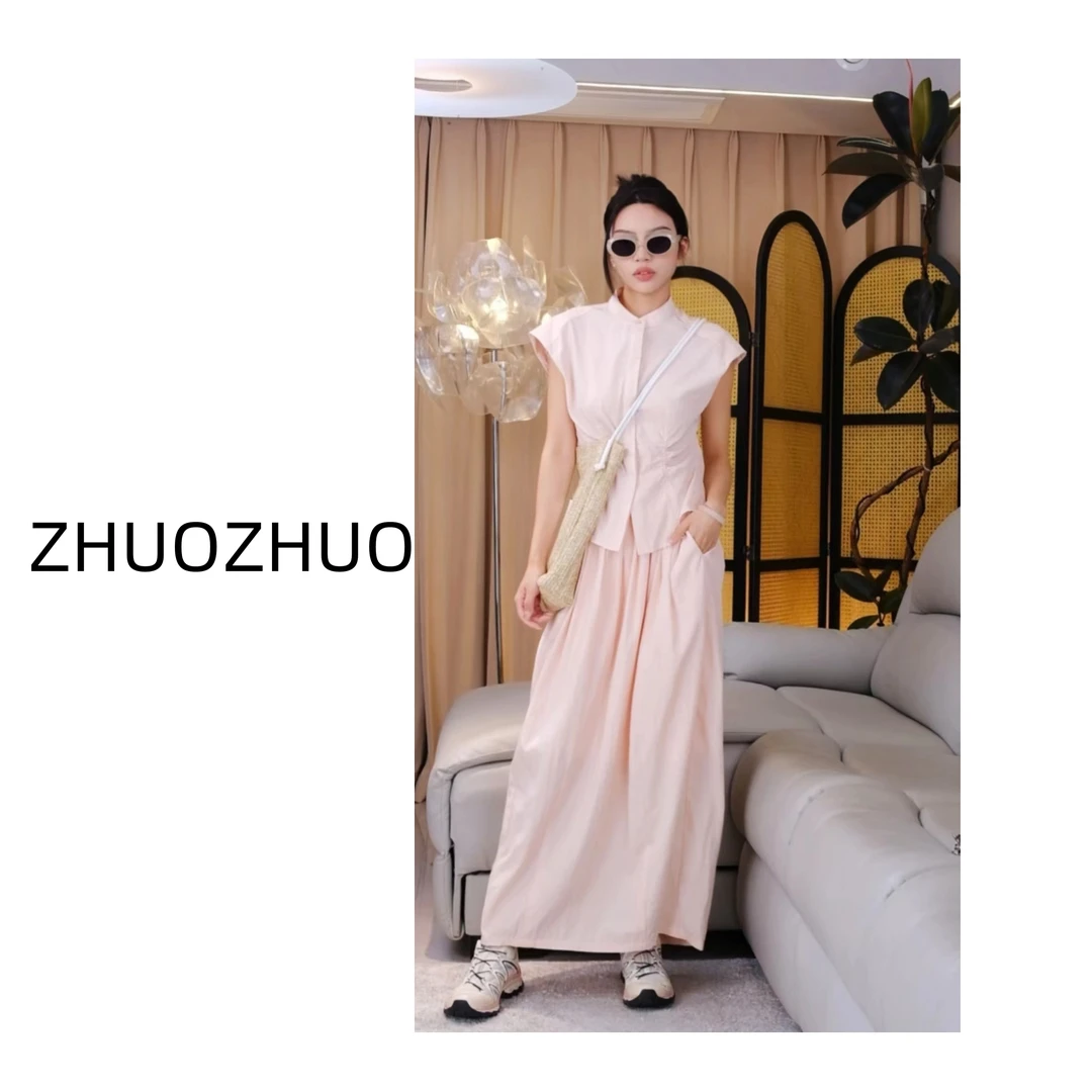 【粉灼黛澜】休闲百搭立领小飞袖收腰上衣松紧腰半裙两件套