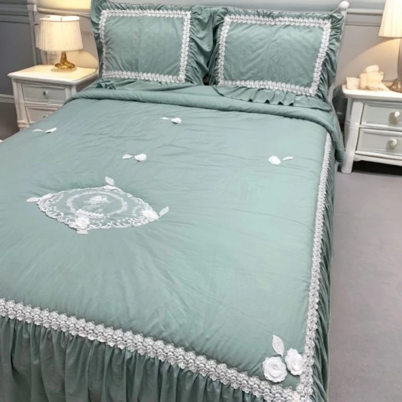 纯色莫代尔床裙款蕾丝贴布绣春秋被三件套