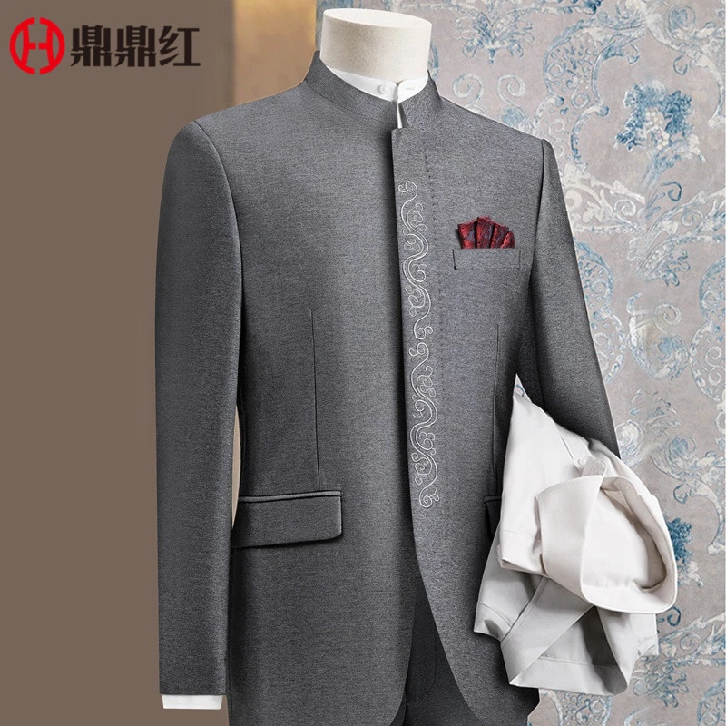 中华立领西服套装中山装男刺绣中国风唐装中式结婚宴礼服表演出服