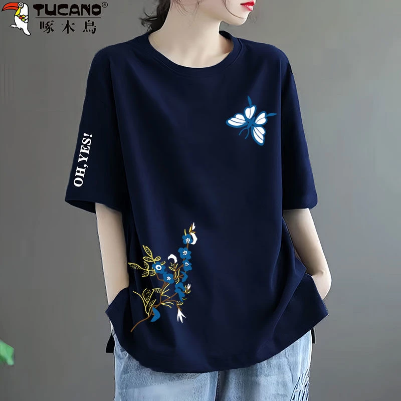 啄木鸟纯棉宽松简约百搭印花上衣圆领韩版中年妈妈装短袖T恤女潮