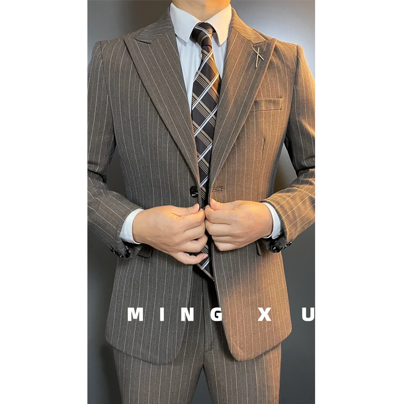 面料升级25年春秋新款西服套装结婚西装礼服伴郎男职业条纹三件套