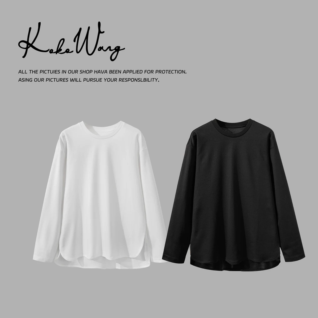 KOKOWANG纯色纸片人底边不规则两侧开叉长袖打底衫 N1364J10T01