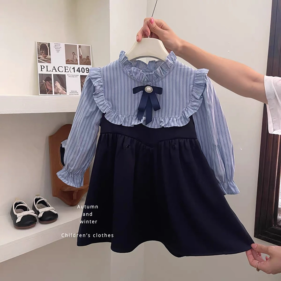 女童秋装2024新款学院风连衣裙儿童裙子宝宝假两件衬衫裙23397