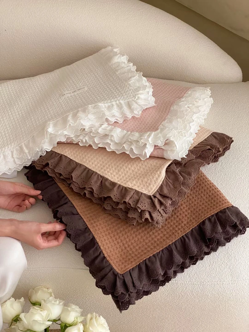 全棉华夫格花边毯柔软简约午睡盖毯