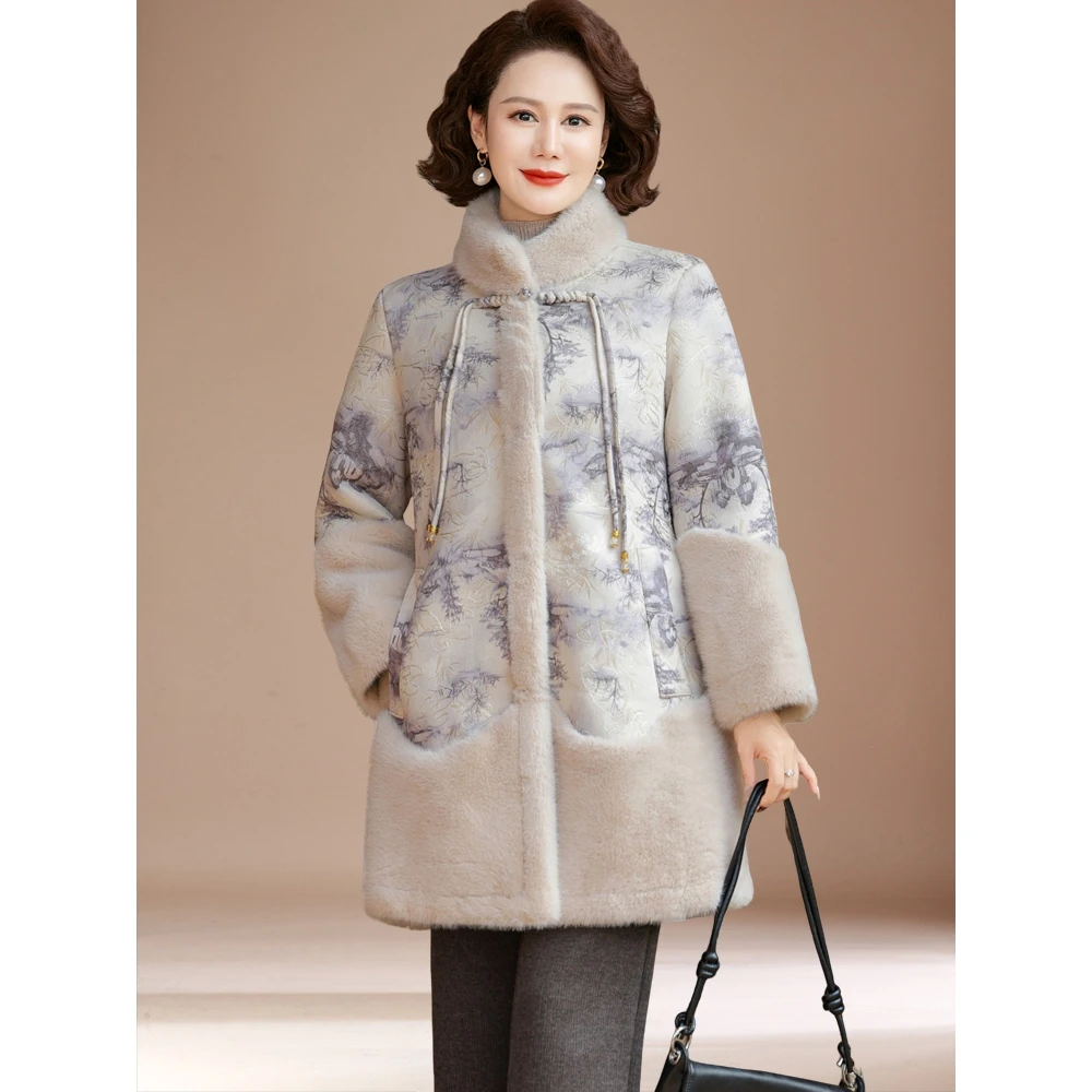 俞兆林阔太妈妈装冬季仿貂绒棉服外套中老年女装大码加绒国风棉衣