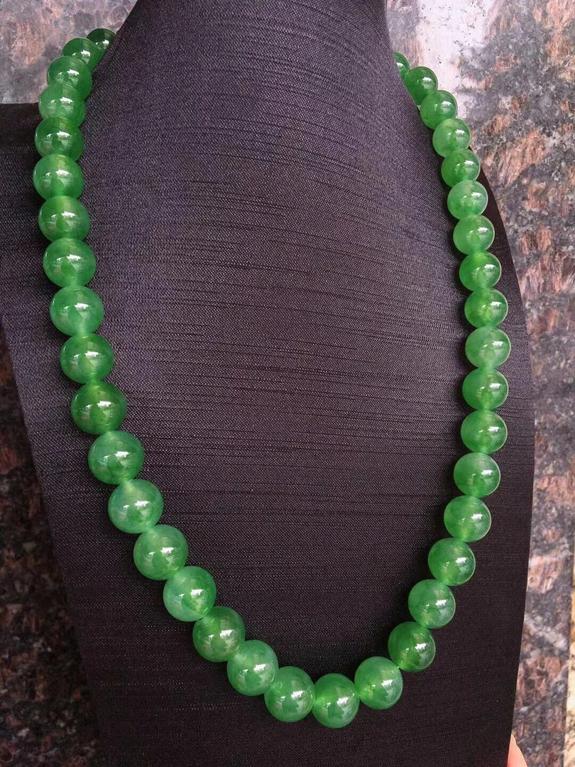 缅甸天然A货翡翠 冰种芙蓉绿珠链 尺寸13mm