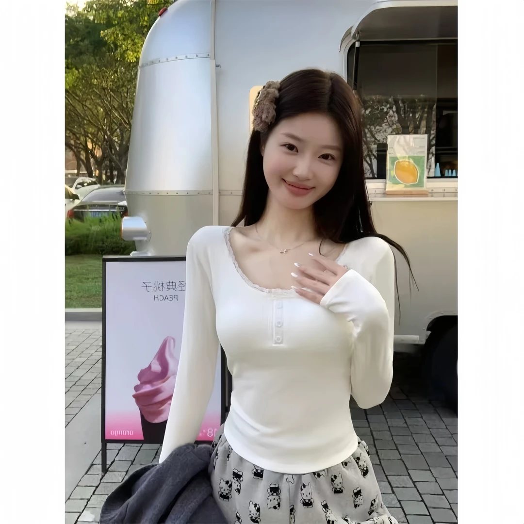白色内搭蕾丝边长袖T恤2024新款女士秋冬打底衫短款甜辣小T恤