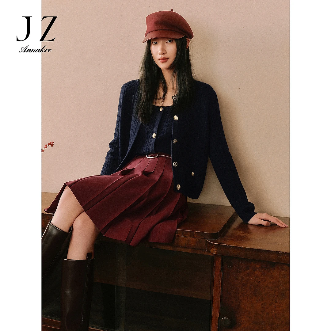 玖姿安娜蔻KWFC20204小个子秋季设计感安可拉红百褶伞裙半身裙女