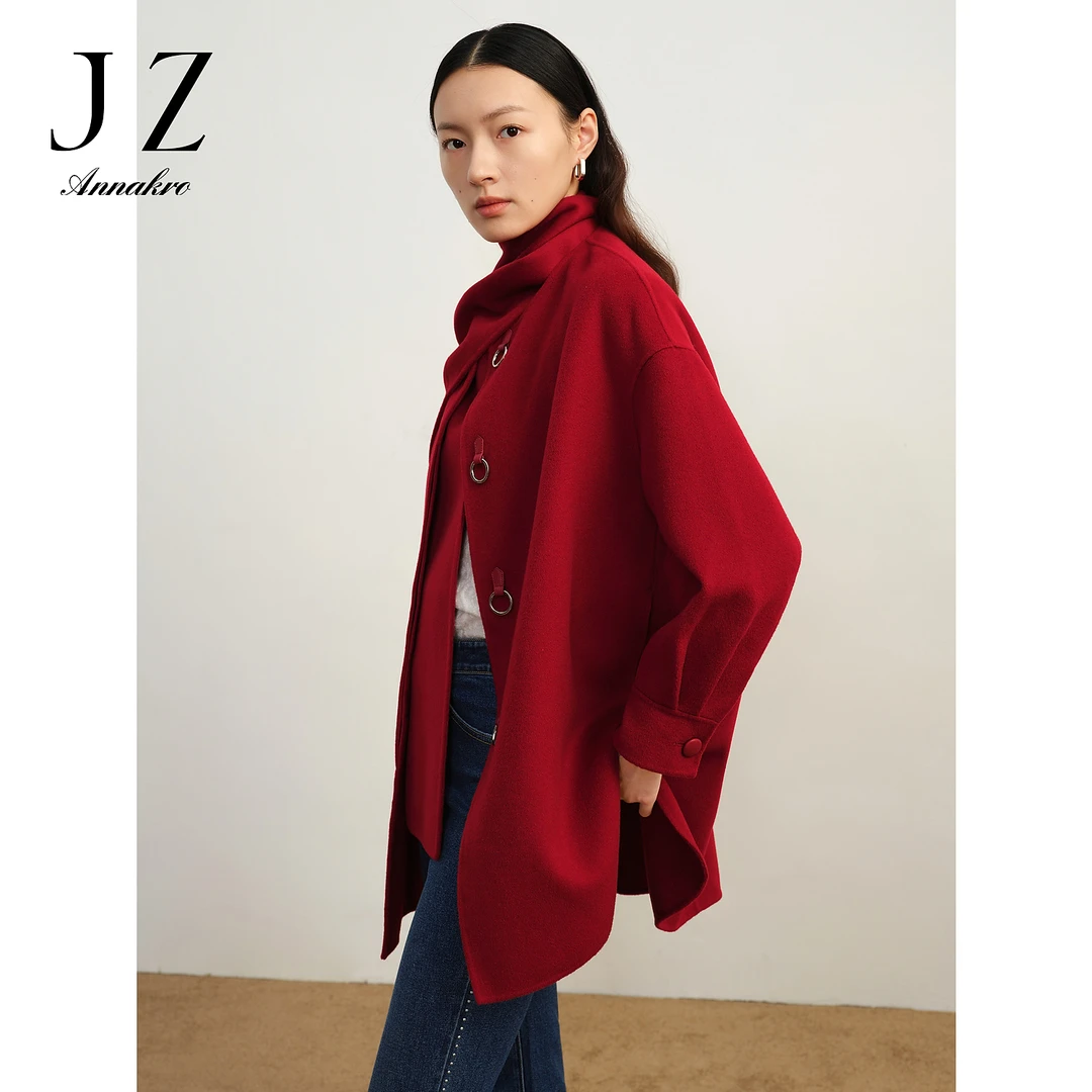 玖姿安娜蔻JTDD72217单排扣皮袢圆领天丝羊毛热力感中长大衣女