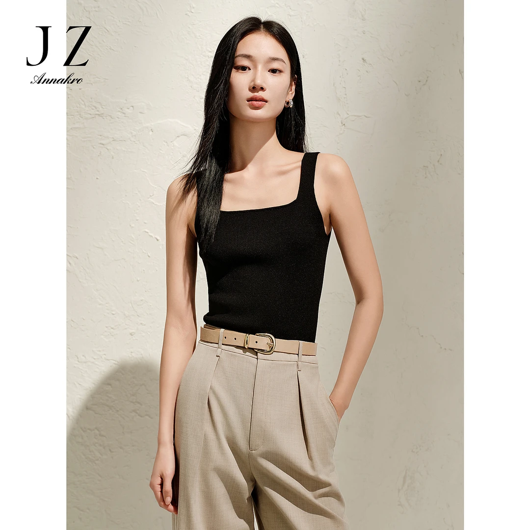 玖姿安娜蔻KWFC81201黑色棉混纺方领修身通勤风女春叠穿打底外穿