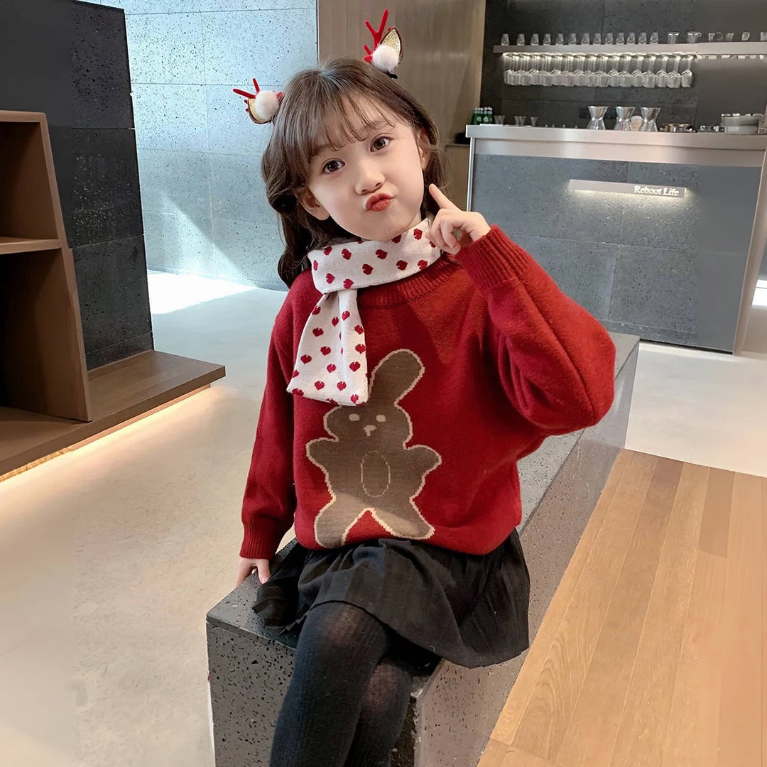 女童毛衣儿童新年毛衣女宝毛衣韩版针织衫冬季中小童加厚红色毛衣