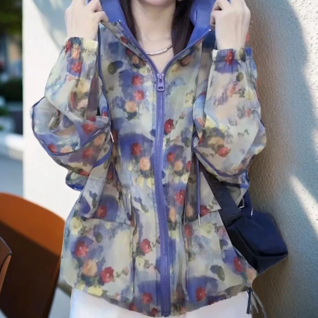 长袖运动户外薄款连帽宽松迷彩印花防晒衣时尚休闲夏季透气春夏