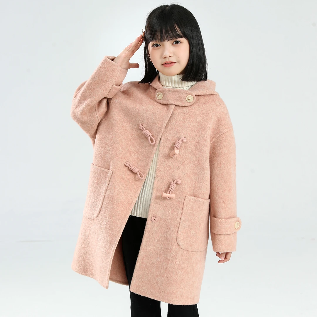 【70毛高定款】象小爸女童2025秋冬新款时尚口袋双面呢大衣长款外套