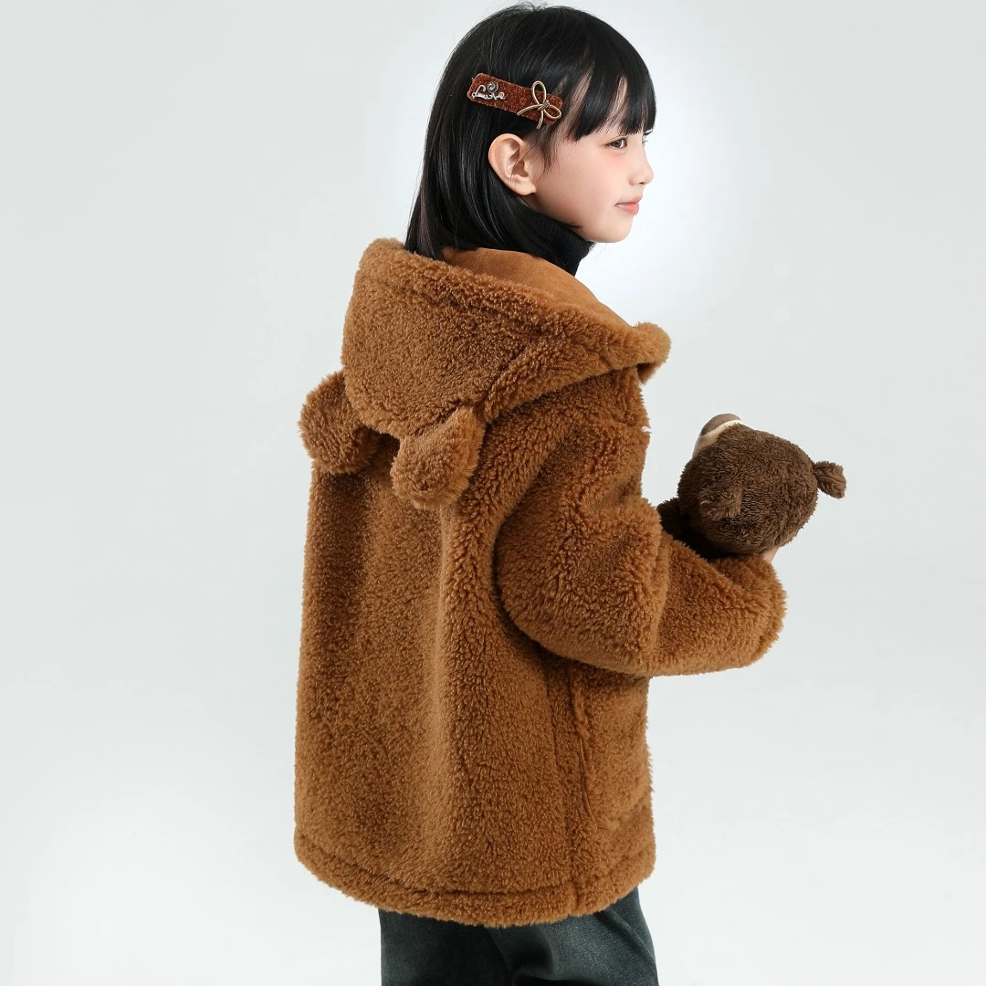 【小熊毛毛外套】象小爸女童2025秋冬新款时尚连帽小熊毛毛短款外套