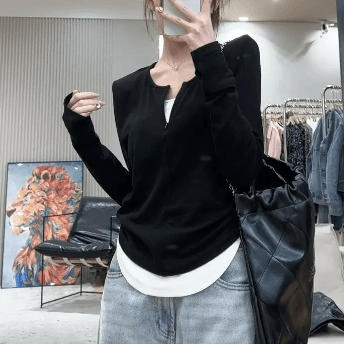 撞色假两件长袖t恤女2025早秋新款减龄修身时髦洋气打底衫上衣女