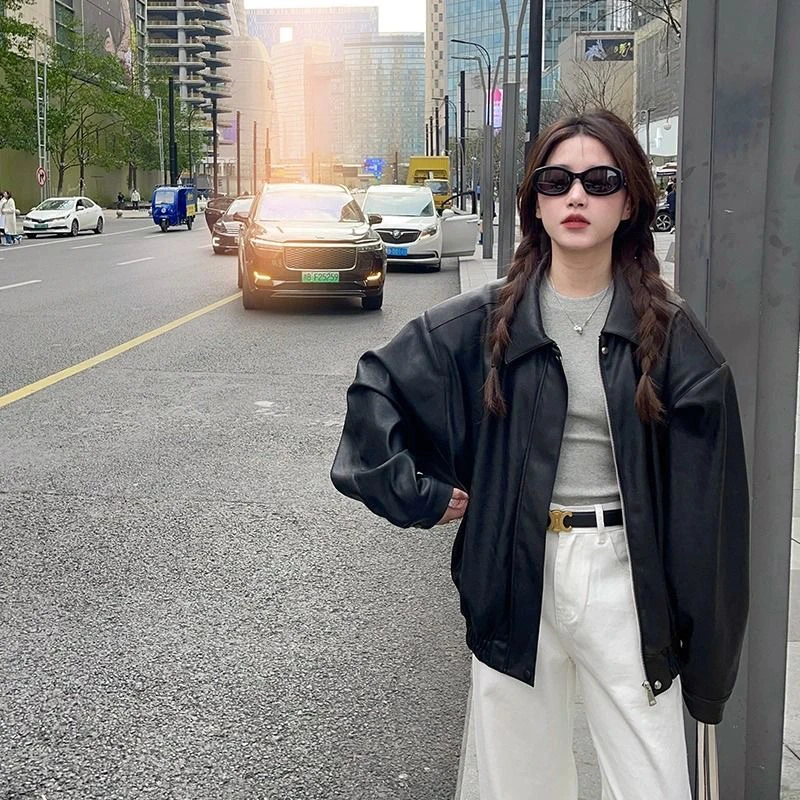 外贸黑色皮夹克外套春秋休闲百搭时尚韩版秋冬ins短款网红秋季
