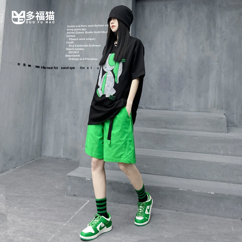 多福猫原创潮牌宽松黑色夏季T恤短袖女夏套装五分裤短裤两件套