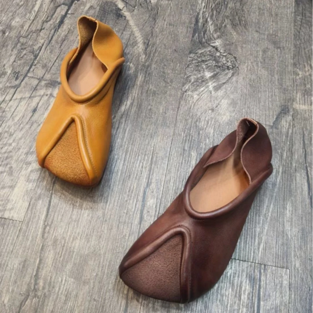 复古手工女鞋2024春秋新款软底纯色浅口百搭妈妈鞋真皮舒适单鞋女