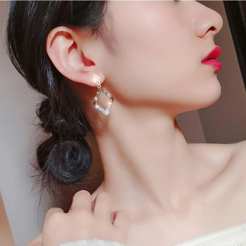格煦 几何菱形耳环银针满钻复古气质网红高级感耳饰女