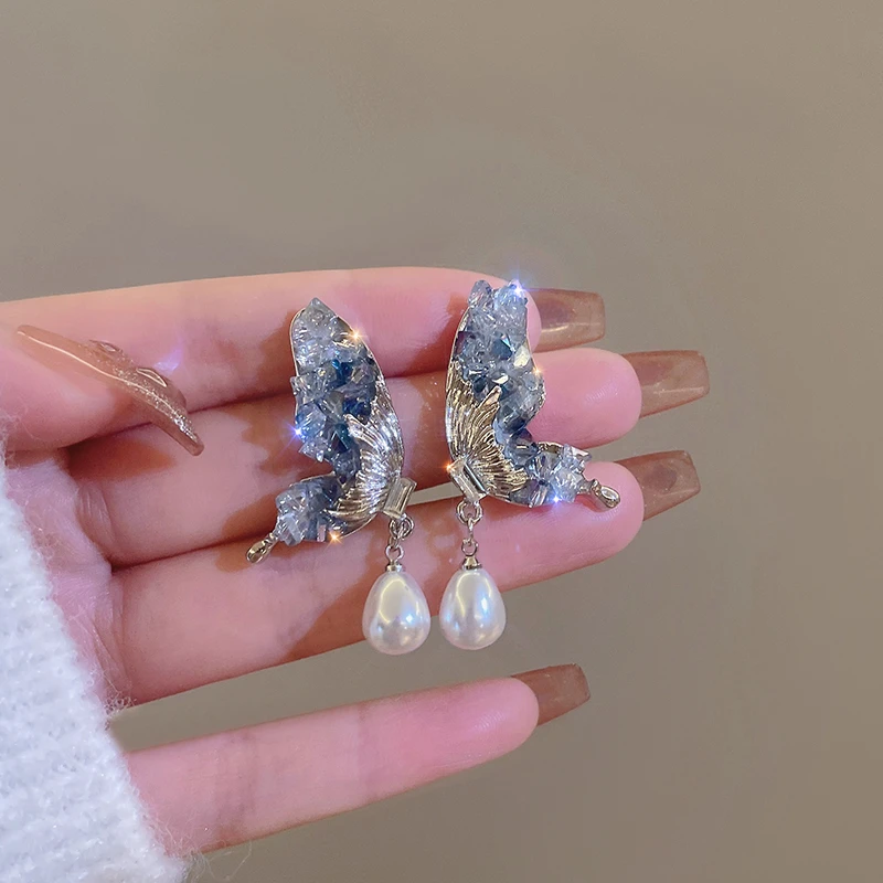 格煦 超仙水晶蝴蝶耳环女轻奢小众设计高级感珠珠耳坠