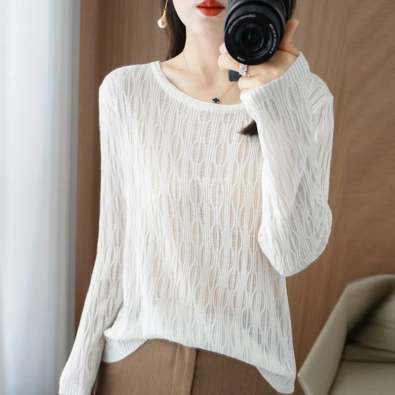 【柔软舒适】镂空圆领打底衫女精仿羊毛秋冬洋气百搭毛衣女宽松上衣