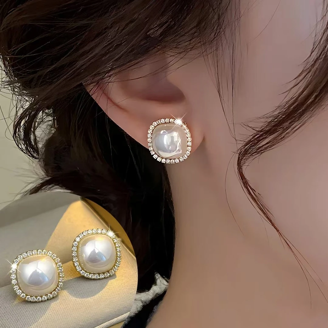 铜合金耳饰 小香风气质耳钉微镶方形耳饰百搭时尚轻奢耳扣精致