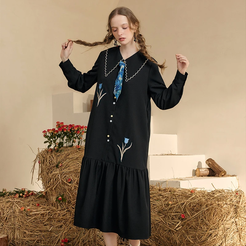 两三事梵高文艺 满枝香郁 文艺风绣花印花领带连衣裙S24QLY467