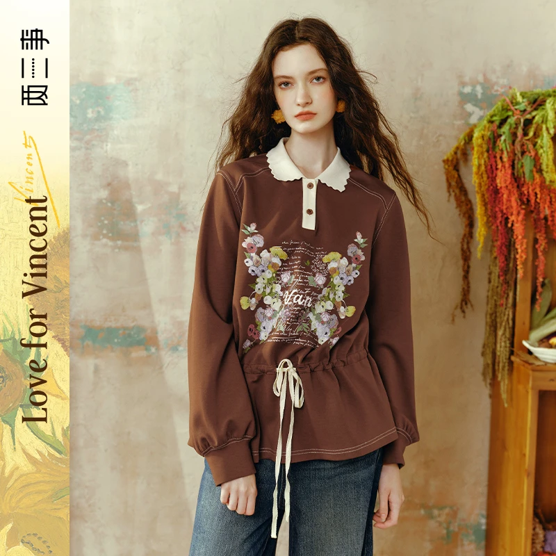 两三事梵高文艺 初恋花语 印花刺绣拼色polo领t恤女S24QT088