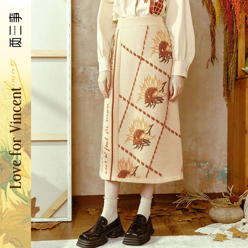 两三事梵高文艺诗韵格调 小清新向日葵图案针织半身裙S24DKB042