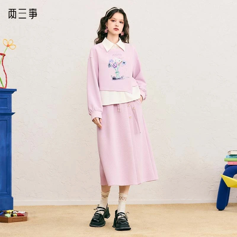 两三事梵高文艺绘梦花颂 印花拼色上衣半身裙两件套女S24QTZ150