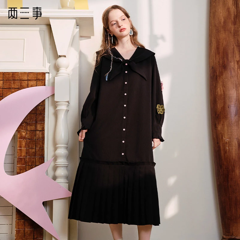 【两三事】花海梦游 学院风立体花朵绑带海军领衬衫裙S24QLY603