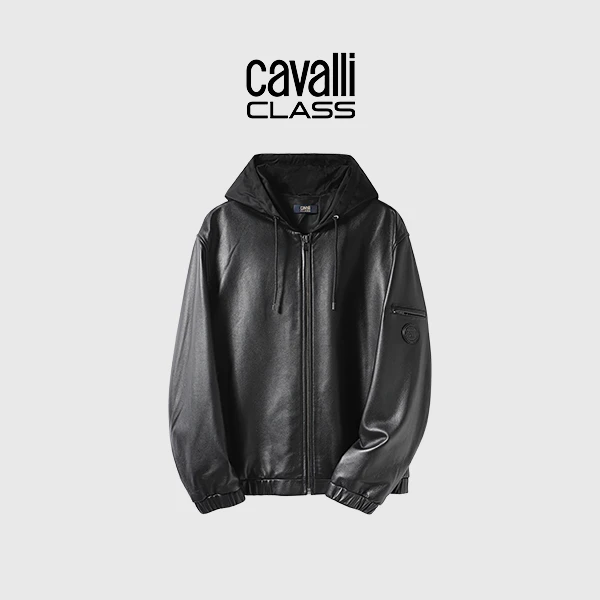 Cavalli Class连帽皮衣秋款假两件夹克外套时尚休闲皮衣男CFC201