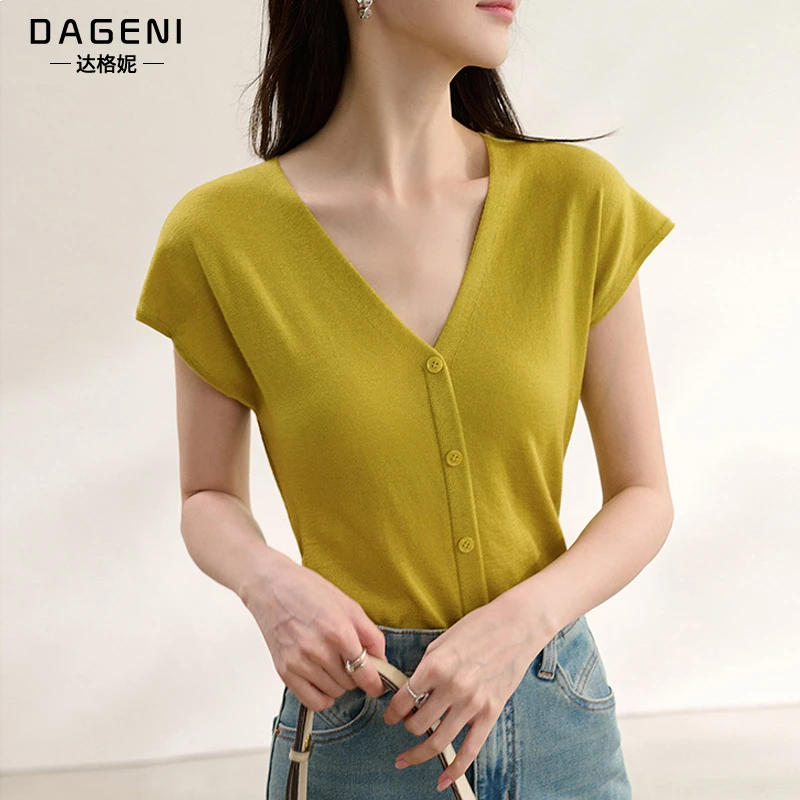 时尚V领锁骨针织短袖T恤女夏季新款设计感褶皱收腰显瘦小飞袖上衣