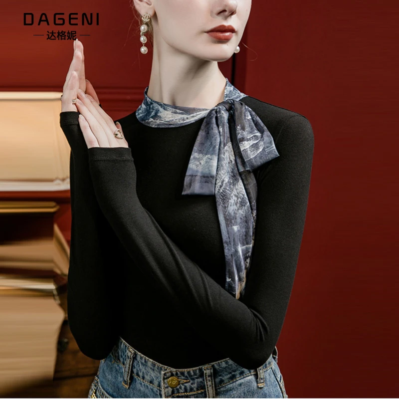 法式飘带围巾领打底衫新款长袖t恤上衣内搭外穿洋气时尚广场舞服