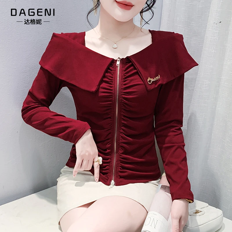 安可拉红褶皱收腰T恤小衫女2025春秋季设计感小个子洋气打底上衣