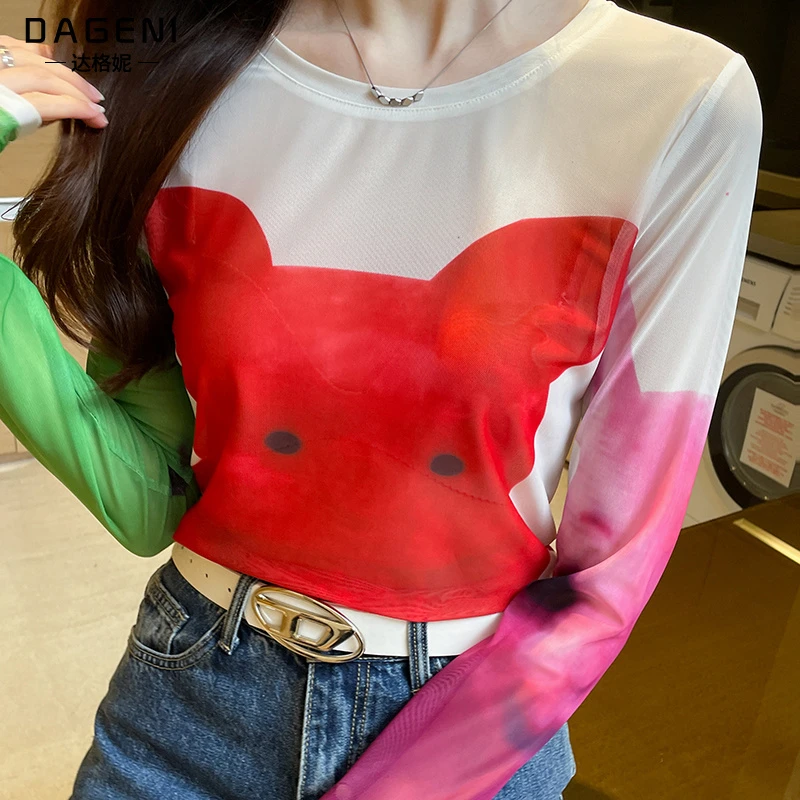 卡通印花圆领网纱防晒衣女长袖打底t恤夏季新款时尚薄款透气上衣