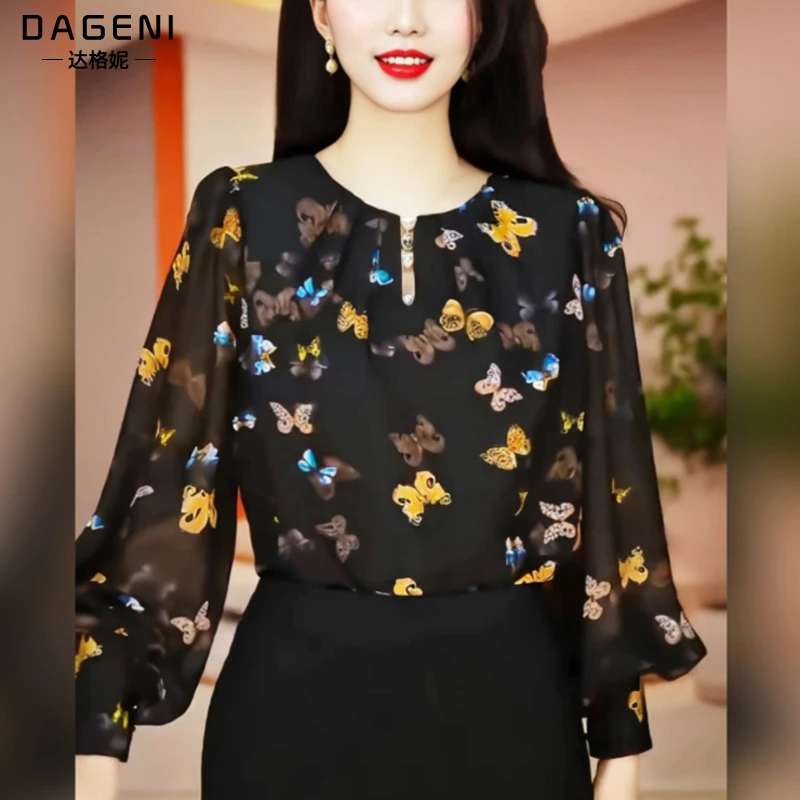 雪纺碎花长袖衬衫女春季新款妈妈减龄漂亮小衫遮肚子宽松洋气上衣