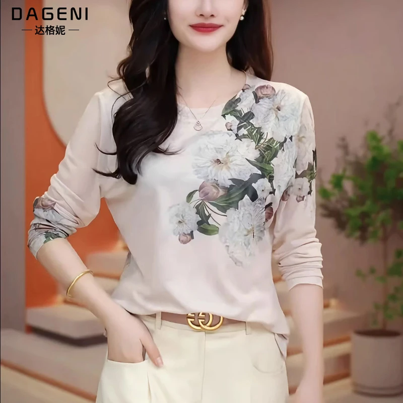 时尚印花网纱圆领长袖t恤女春季新款修身显瘦上衣气质百搭打底衫