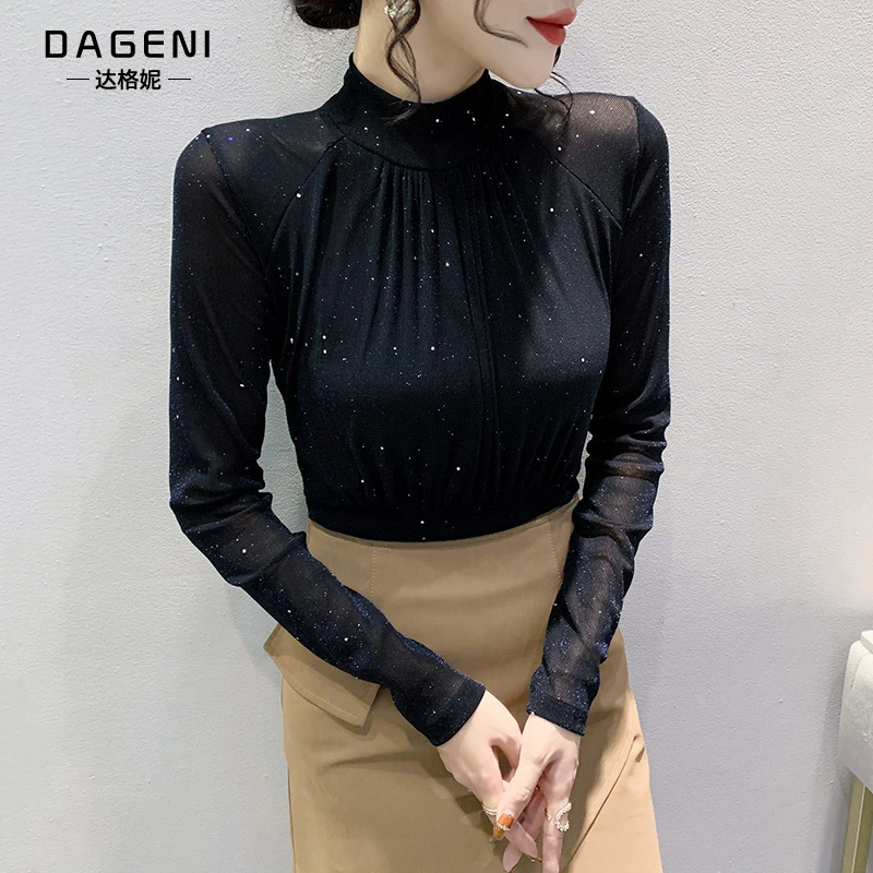 欧洲站时尚亮片网纱T恤女长袖2024冬新款打底衫洋气修身内搭上衣