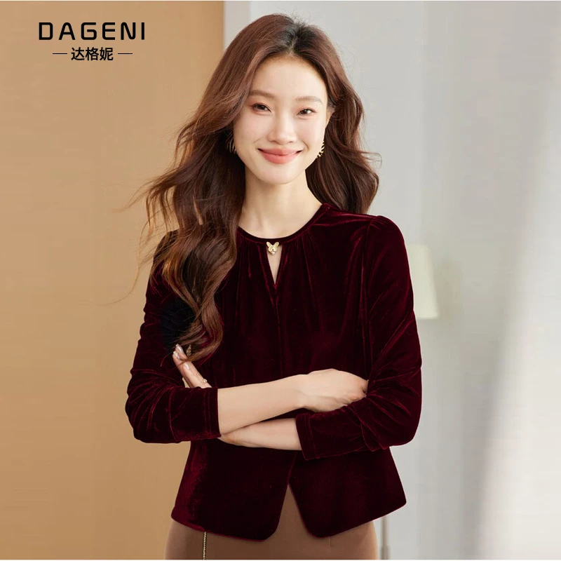 安可拉红小香风短款丝绒上衣长袖秋冬新款高档打底衫内搭洋气小衫