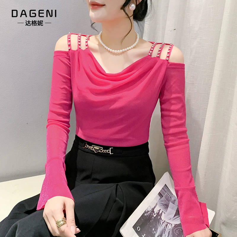 时尚荡领喇叭袖网纱小衫女长袖t恤春秋季气质别致上衣洋气打底衫