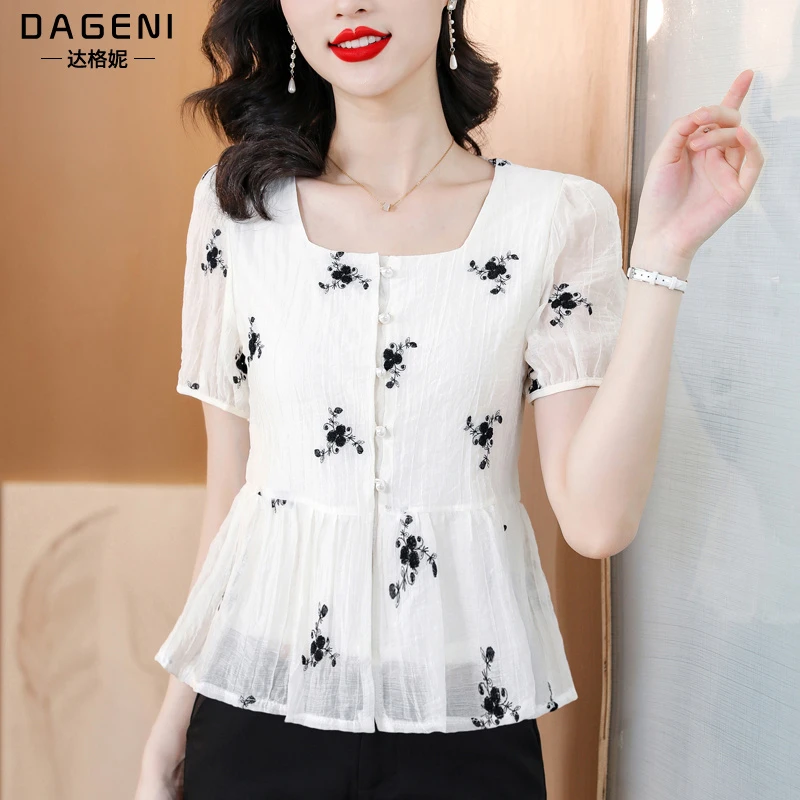 法式短袖雪纺小衫女夏装2024新款气质减龄裙摆收腰显瘦遮肚子上衣