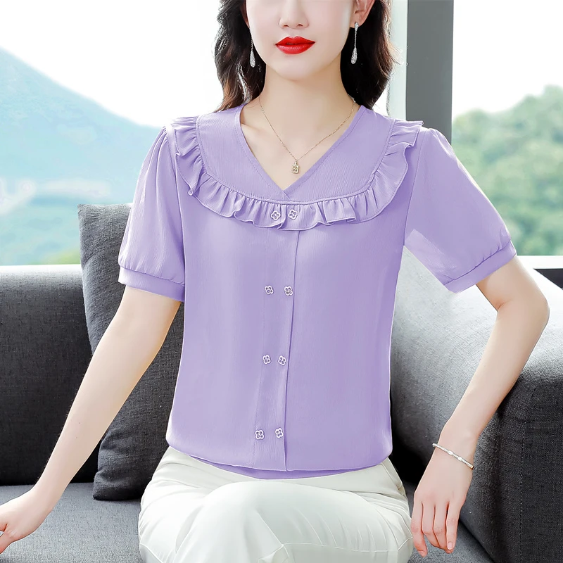 达格妮木耳边短袖雪纺衫夏季新款时尚洋气减龄妈妈小衫遮肚子上衣