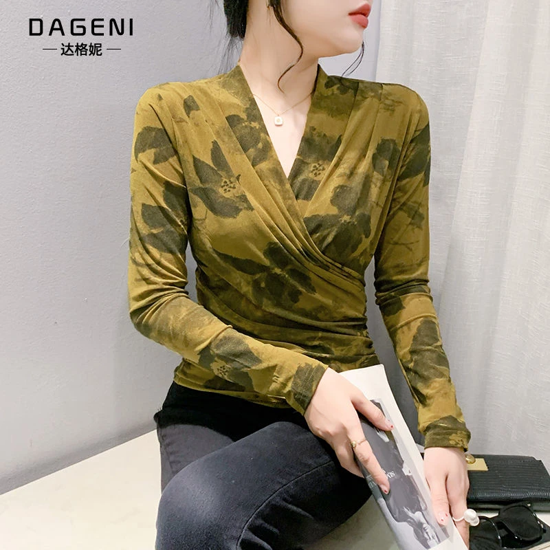 气质网纱印花打底衫女秋装新款高端洋气收腰t恤上衣时尚百搭小衫