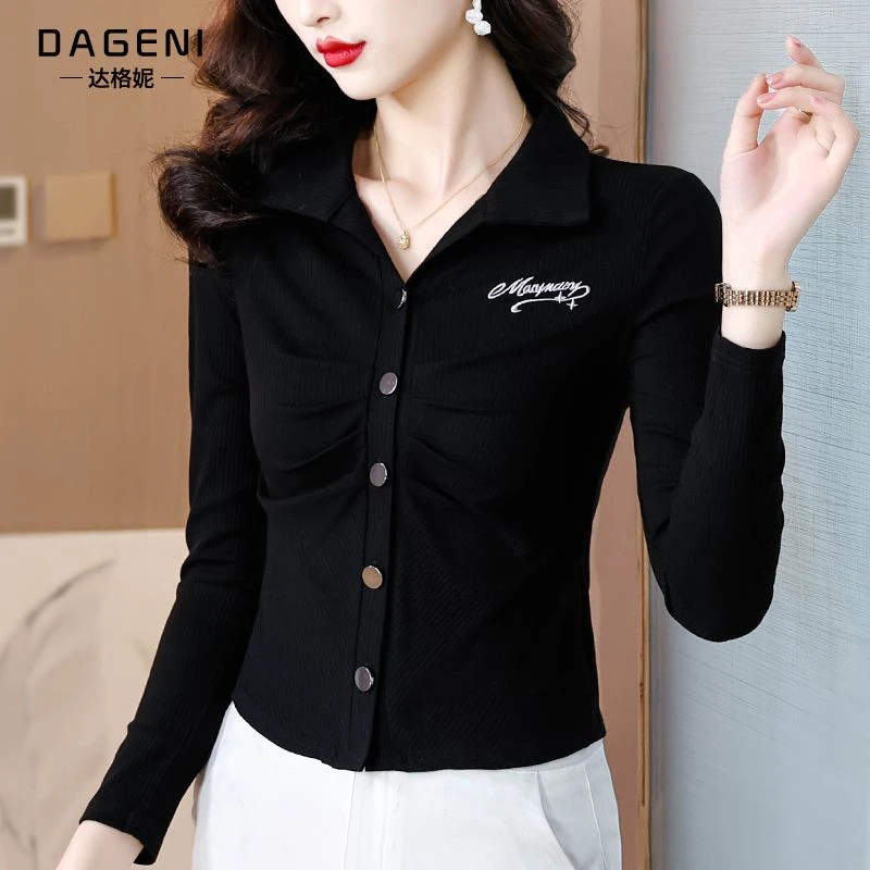 时尚高端刺绣t恤上衣女长袖2024秋新款褶皱收腰显瘦小衫打底衬衣