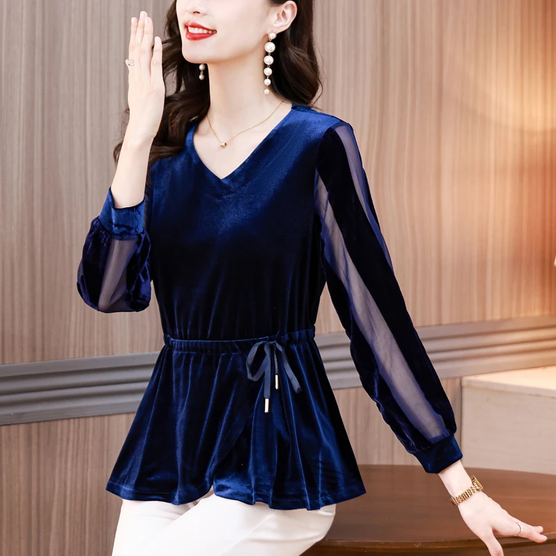 V领丝绒长袖上衣女2025秋装新款收腰系带小衫高级感气质妈妈装