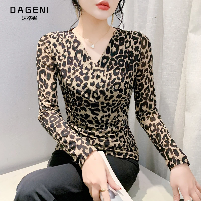 时髦洋气豹纹印花网纱t恤女长袖秋冬新款气质百搭上衣修身打底衫