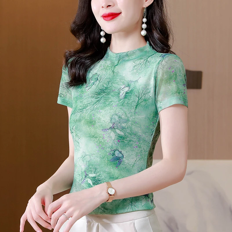印花网纱短袖上衣女2024夏季新款设计感小众漂亮别致时尚洋气小衫